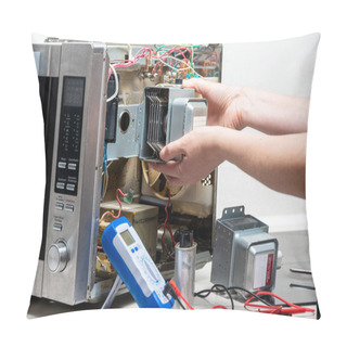 Personality  Repair Of The Microwave Oven. A Woman Replaces A Magnetron. Pillow Covers