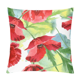 Personality  Red Poppies With Green Leaves Watercolor Illustration Set. Seamless Background Pattern.  Pillow Covers