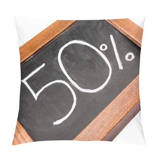 Personality  Number 50 And Percent Sign Written On Chalkboard Isolated On White Pillow Covers