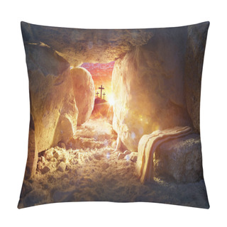 Personality  Resurrection Of Jesus Christ - Tomb Empty With Shroud And Crucifixion At Sunrise With Abstract Bokeh Lights Pillow Covers