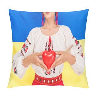 Personality  Partial View Of Young Woman In National Ukrainian Costume Holding Red Heart With Flag Of Ukraine On Background Pillow Covers