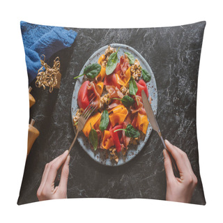 Personality  Cropped Shot Of Person Eating Delicious Salad With Mussels, Vegetables And Jamon   Pillow Covers