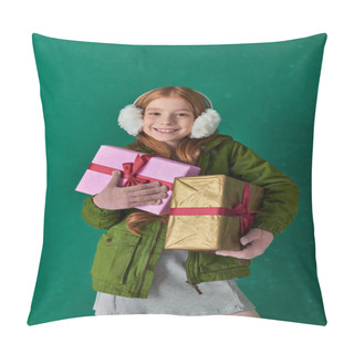 Personality  Season Of Joy, Excited Kid In Winter Outfit And Ear Muffs Holding Holiday Gifts Under Falling Snow Pillow Covers