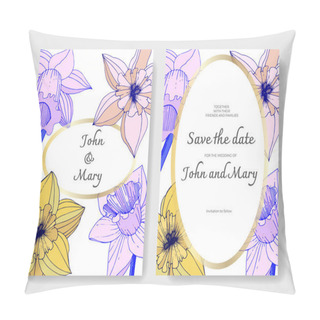Personality  Vector Narcissus Flowers. Wedding Cards With Floral Decorative Borders. Yellow And Purple Engraved Ink Art. Thank You, Rsvp, Invitation Elegant Cards Illustration Graphic Set. Pillow Covers