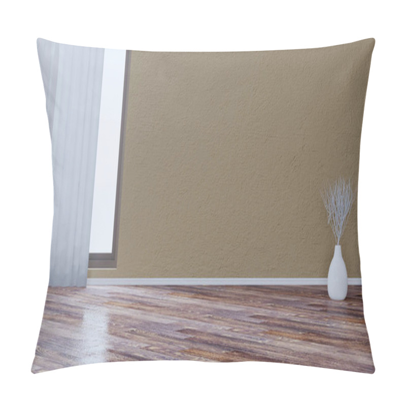 Personality  empty interior with beige walls and a large window. decorative v pillow covers