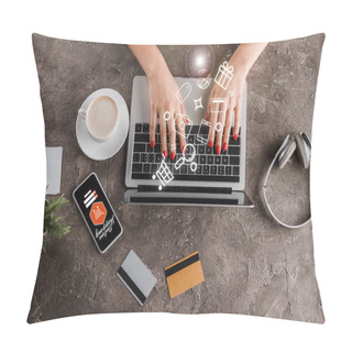 Personality  Top View Of Woman Using Laptop Near Smartphone, Cup Of Coffee, Plant, Headphones Credit Cards And Illustration, E-commerce Concept Pillow Covers