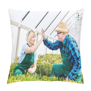 Personality  Gardeners Team Doing High Five Gesture At Work In A Greenhouse Pillow Covers