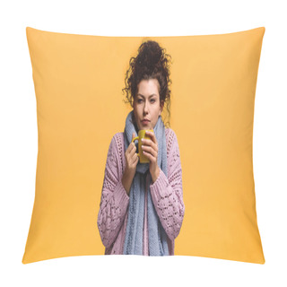 Personality  Freezing Woman Holding Cup Of Warm Beverage Isolated On Orange Pillow Covers