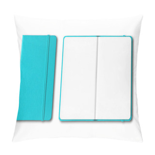 Personality  Aqua Blue Closed And Open Notebooks Mockup Isolated On White Pillow Covers