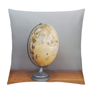 Personality  Vintage Retro Classic School Globe Model Of Earth. Icon Of Globe. Sphere Map Of Continents And Oceans On World Model On Natural Wood Floor Grey Background Pillow Covers