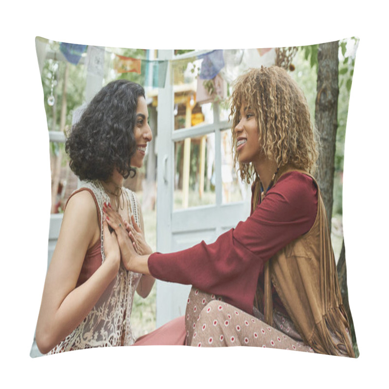 Personality  Smiling Interracial Women In Boho Outfits Meditating Together Outdoors In Retreat Center Pillow Covers