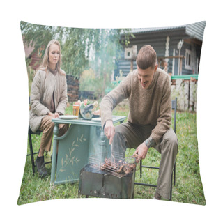 Personality  A Man And A Woman Cook A Barbecue Together In Nature. In A Dacha Village On Its Own Plot Of Land. Warm Autumn Weather, Cozy Family Dinner. Pillow Covers