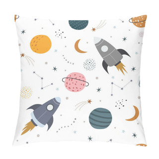 Personality  Space Background Illustration With Rocket And Stars Seamless Vector Pattern Hand Drawn In Cartoon Style Used For Print, Wallpaper, Decoration, Textile Fabric. Pillow Covers