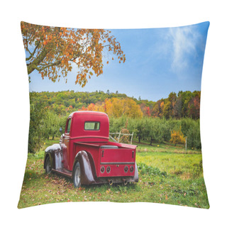 Personality  Old Antique Red Farm Truck In Apple Orchard Against Autumn Landscape Background. Blue Sky On A Sunny Fall Day In New England. Pillow Covers
