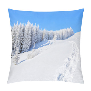 Personality  Far Away In The High Mountains Covered With White Snow Stand Few Green Trees In The Magical Snowflakes Among Fields On A Beautiful Winter Day. Pillow Covers