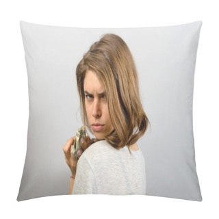 Personality  Closeup Portrait Greedy Young Woman  Holding Dollar Banknotes Tightly Isolated Grey Wall Background Pillow Covers