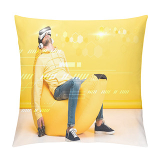 Personality  KYIV, UKRAINE - APRIL 12: Man Resting On Bean Bag Chair With Joystick In Virtual Reality Headset On Yellow With Cyberspace Illustration Pillow Covers