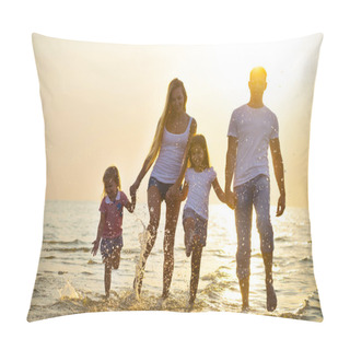 Personality  Happy Young Family Having Fun Running On Beach At Sunset. Family Pillow Covers