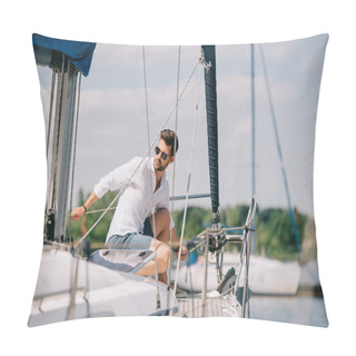 Personality  Handsome Young Man In Sunglasses Looking Away While Sitting On Yacht Pillow Covers