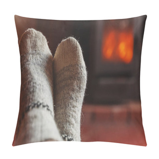 Personality  Feet Legs In Winter Clothes Wool Socks At Fireplace At Home On Winter Or Autumn Evening Relaxing And Warming Up Pillow Covers
