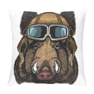 Personality  Portrait Of Wild Hog, Boar, Pig. Face Of Brave Animal. Vintage Aviator Helmet With Googles. Pillow Covers