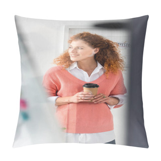 Personality  Selective Focus Of Attractive And Smiling Businesswoman In Pink Sweater Holding Paper Cup  Pillow Covers