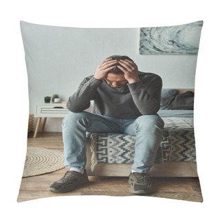 Personality  Sad Bearded Man In Casual Home Wear Touching Head While Sitting On Bed At Home, Depression Pillow Covers