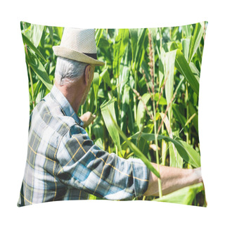 Personality  Senior Man In Straw Hat Touching Fresh Leaves In Corn Field  Pillow Covers