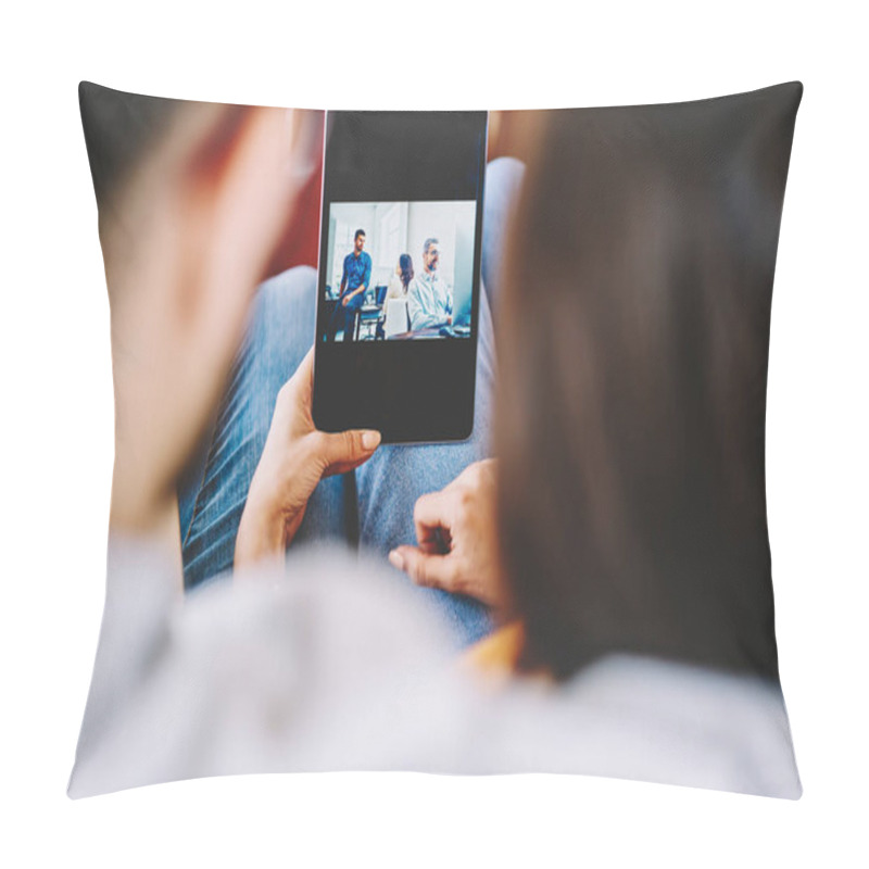 Personality  Cropped Back View Of Couple In Love Watching Movie Online On Touch Pad Using Wireless 4G Connection.Young Marriage Checking Email And Viewing Photos In Blog On Digital Tablet Device Pillow Covers