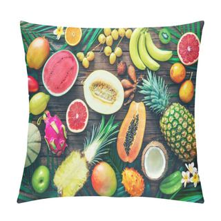 Personality  Assortment Of Tropical Fruits With Leaves Of Palm Trees And Exotic Plants On Dark Wooden Background. Top View Pillow Covers