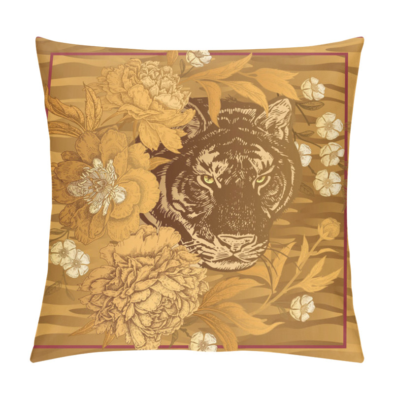 Personality  Garden peonies and wild tiger. Template for design scarf or pillow. Gold foil print with animals and flowers on gold background. Wildlife motifs. Vector illustration. Beast style. pillow covers