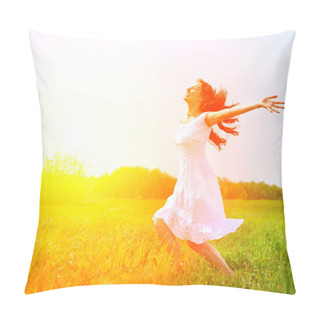Personality  Enjoyment. Free Happy Woman Enjoying Nature. Girl Outdoor Pillow Covers