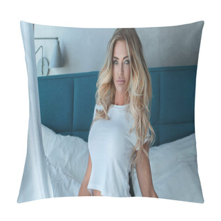 Personality  Blonde Woman Posing In Hotel Room. Pillow Covers