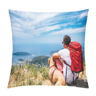Personality  Man With Red Backpack And Small Yellow Dog Sitting On A Mountain And Looking At Sea Horizon Pillow Covers