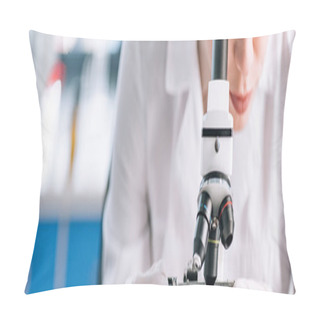 Personality  Panoramic Shot Of Immunologist Looking Through Microscope In Laboratory  Pillow Covers