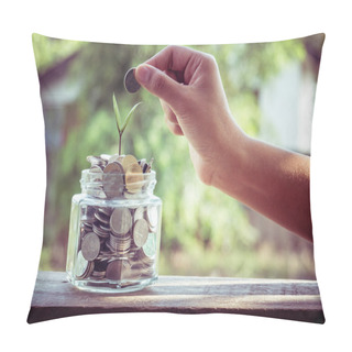 Personality  Hand Putting Money Coins  With Filter Effect Retro Vintage Style Pillow Covers