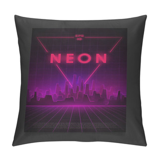 Personality  Retrowave Cityscape With Laser Grid, Glowing Neon Pink And Purple Lights And Fog And Big Neon Triangle Behind The City. Design For Flyer, Brochure, Card, Etc. Pillow Covers