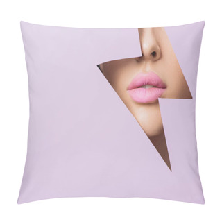 Personality  Cropped View Of Female Face With Pink Lips In Hole In Violet Paper Pillow Covers
