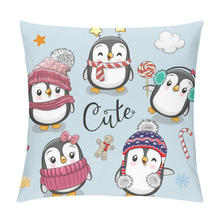 Personality  Set Of Cute Cartoon Christmas Penguins On A Blue Background Pillow Covers