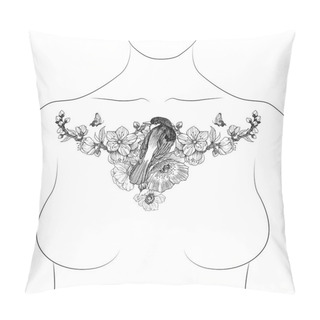 Personality  Blossom Almond Flowers Drawing And Sketch With Line Art On White Backgrounds. Elegant Woman Tattoo With Bird And Symmetric Cherry Branch. Poppy And Anemone Bouquet With Little Butterfly Pillow Covers