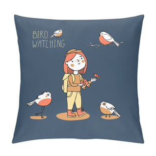 Personality  Young Girl Bird Watching. Birding And Ornithology Concept Pillow Covers