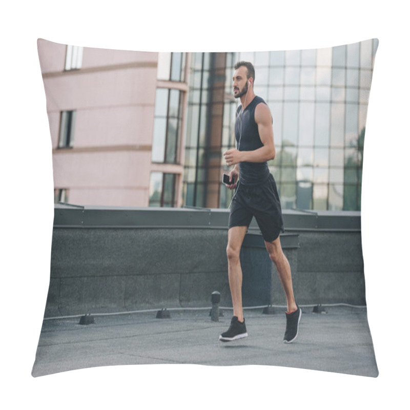 Personality  Side View Of Handsome Sportsman Running And Listening Music With Smartphone On Roof Pillow Covers