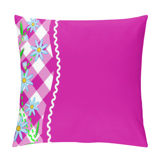 Personality Vector Eps8.  Pink Copy Space With Gingham And Ric Rac Trim Topped With Blue Cornflowers And Quilting Stitches. Pillow Covers