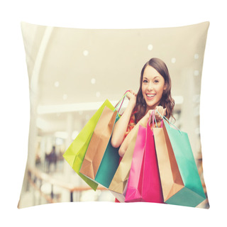 Personality  Smiling Young Woman With Shopping Bags Pillow Covers