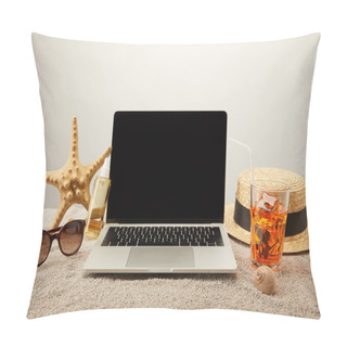 Personality  Close Up View Of Laptop With Blank Screen, Refreshing Cocktail And Summer Holiday Accessories On Sand On Grey Background Pillow Covers