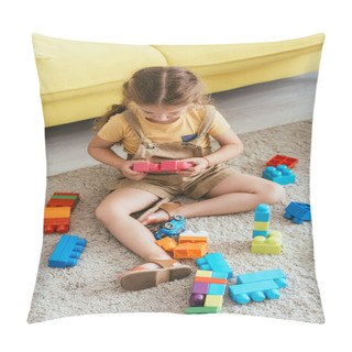 Personality  High Angle View Of Kid Sitting On Floor And Playing With Multicolored Building Blocks Pillow Covers