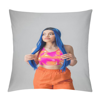 Personality  Self Expression, Young Woman With Blue Hair Posing And Looking Away On Grey Background, Isolated, Fashion Choices, Stylish Look, Colorful Clothes, Casual Attire, Generation Z Fashion, Long Hair Pillow Covers