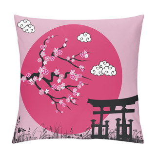 Personality  Japanese Sakura Blossom And Tori Gate -vector Illustration Pillow Covers