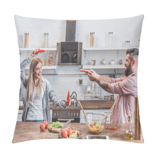 Personality  Funny Couple Playing With Vegetables While Cooking Dinner At Kitchen Pillow Covers