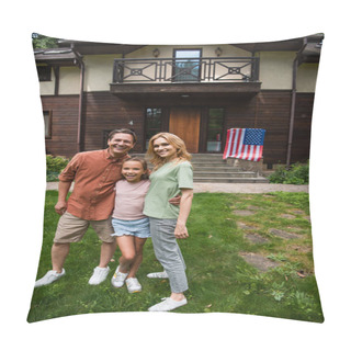 Personality  Family Smiling At Camera Near American Flag On Vacation House  Pillow Covers